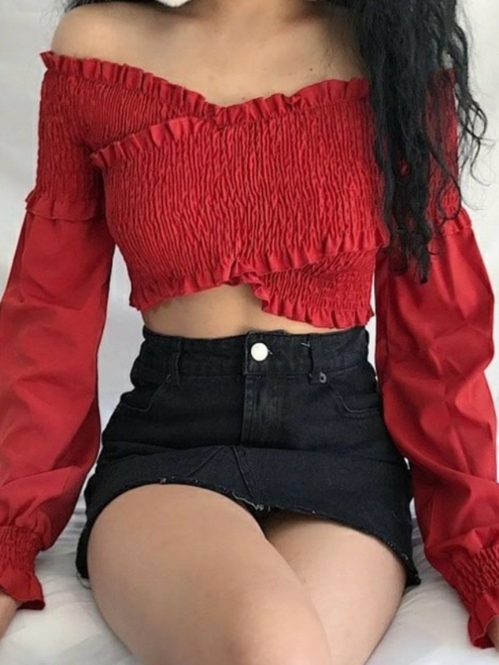 Zara Red Smocked Off-Shoulder Crop Top